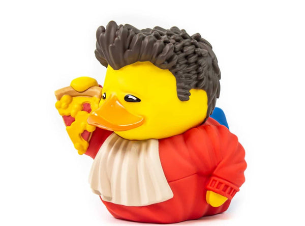 A rubber duck looking like Joey Tribbiani from FRIENDS is holding a pizza slice.